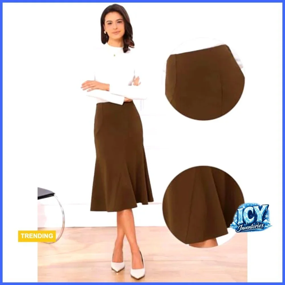 High Waisted Fishtail Midi Skirt Panel Hem Business Casual Workwear